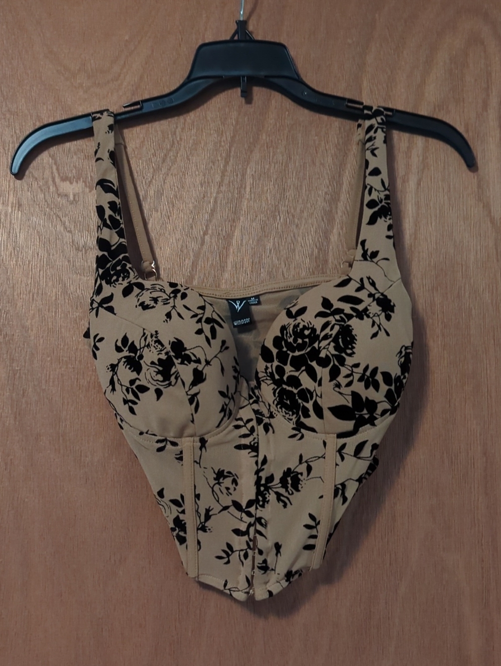 Windsor Tan Bustier Top with Black Floral Accents